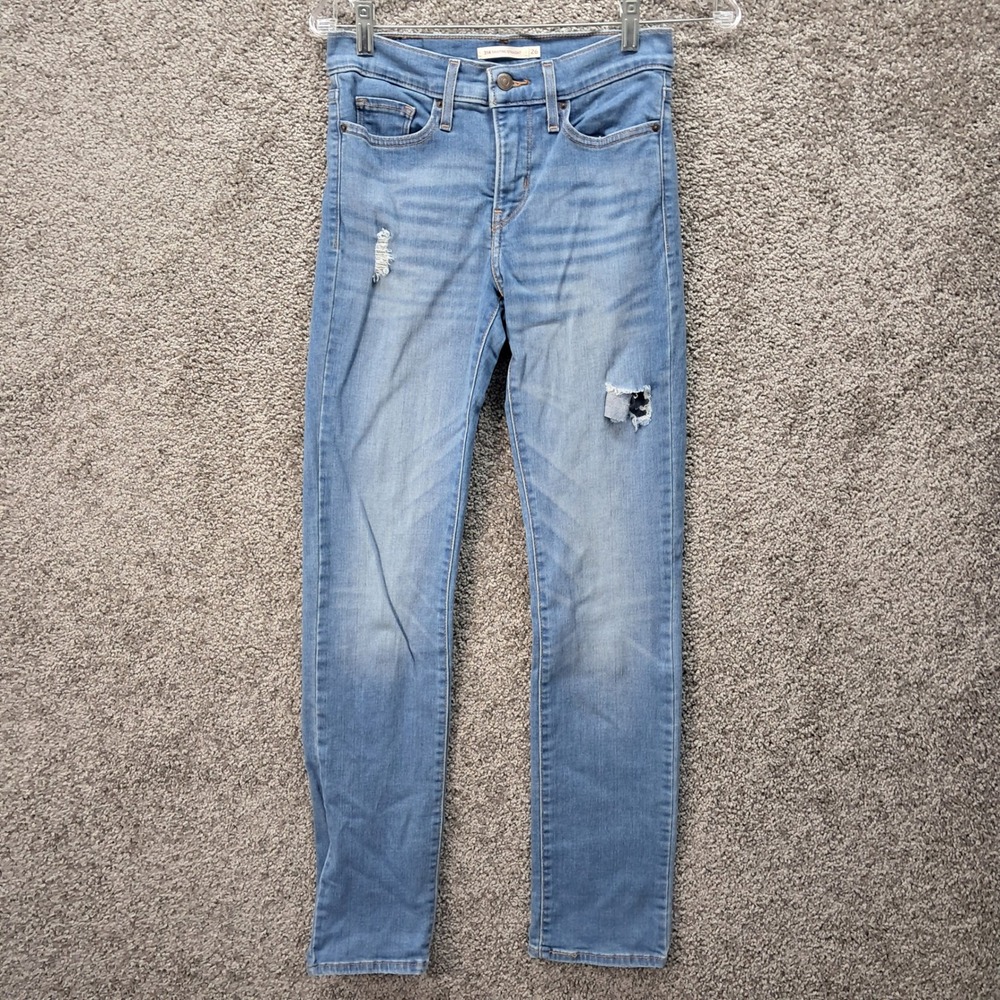 Levis 314 Shaping Straight Jeans Womens 26 Distressed Light Wash Blue Denim